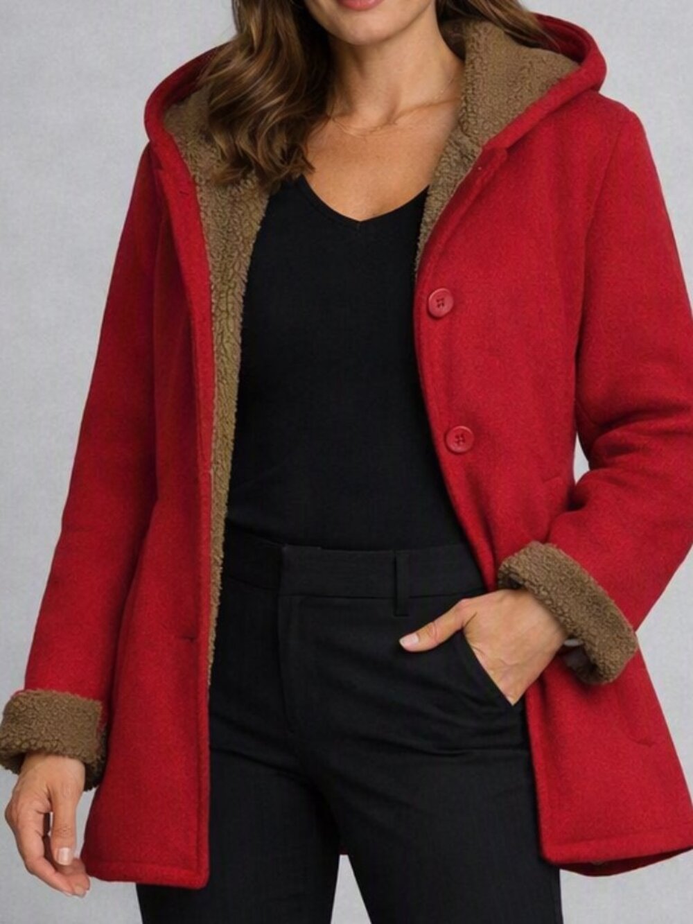 FU DA Red Fleece‑Lined Hooded Winter Coat – Warm Button Jacket